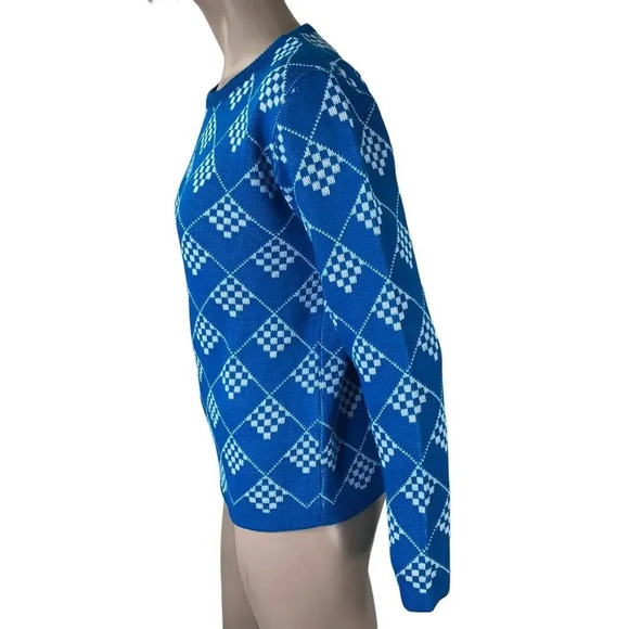 Prime Connection Vintage 80s Geometric Crewneck Knit Sweater Size M Blue White - Picture 3 of 16
